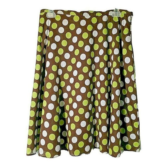 Skirt A-Line Womans Size 10P Cotton Brown w/ Lime Green & White Polk-A-Dots - Picture 1 of 9